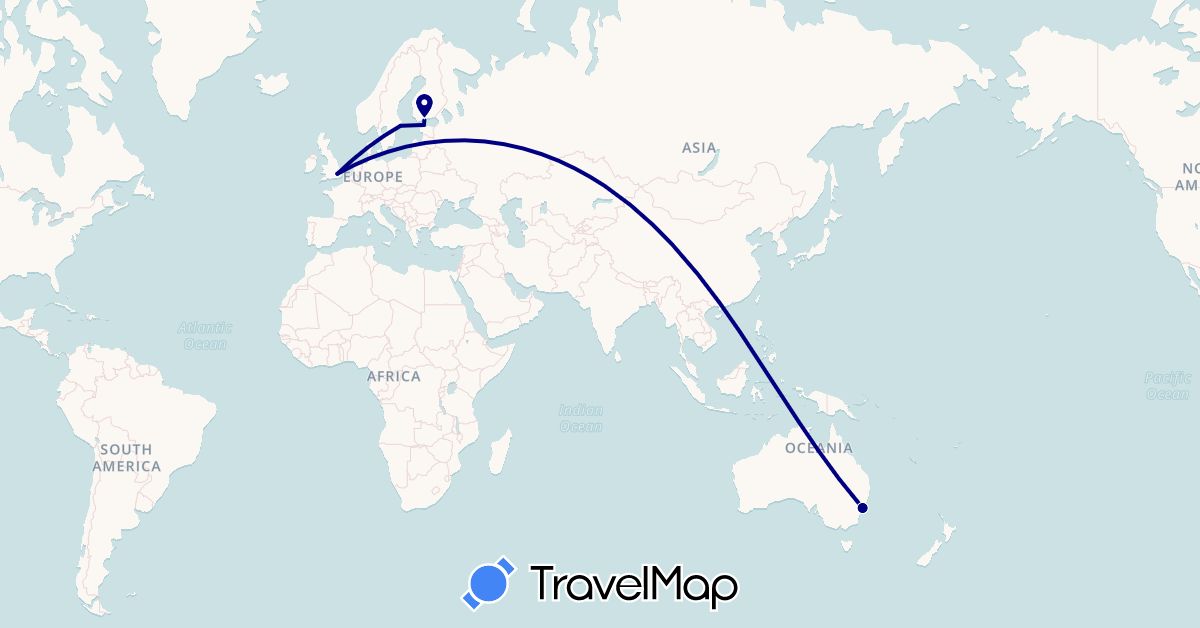 TravelMap itinerary: driving in Australia, Estonia, Finland, United Kingdom, Sweden (Europe, Oceania)
